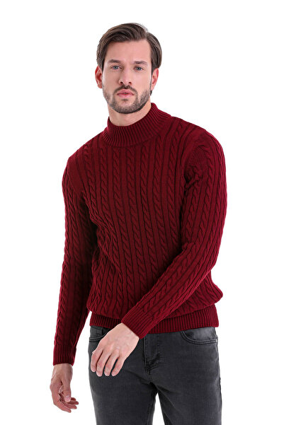 Hatemoğlu Bordo Regular Fit Desenli Yarım Balıkçı Yaka Pamuklu Triko Kazak