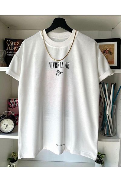 Black Sokak Βαμβακερό μπλουζάκι Unisex White Vivre La Vie με στάμπα Oversize Crew λαιμόκοψη