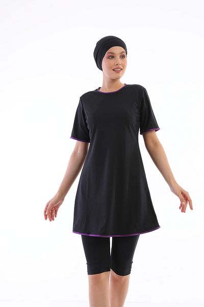 Asgard Tesettür Semi-Closed Purple Hijab Swimsuit - Ribbed and Lycra, Black