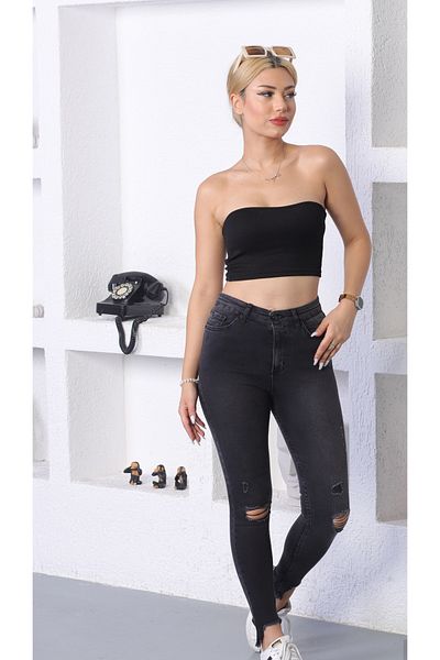 SHEVEGA Blugi negri din lycra, cu fantă pentru genunchi, cu picior apropiat, blugi rupti cu laser (slim fit)