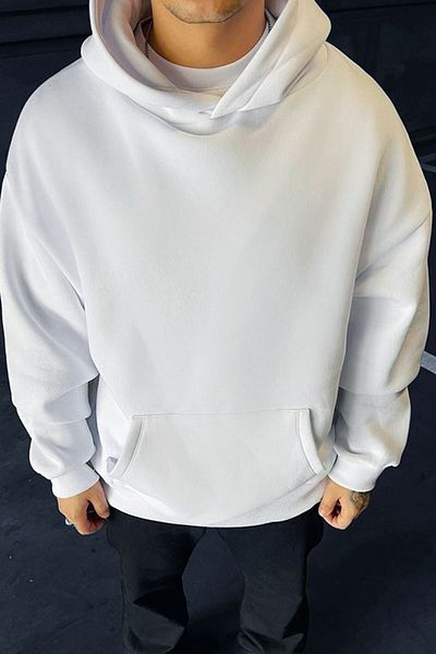 giyadda White Unisex Oversize Puffy Hooded Kangaroo Pocket Sweatshirt Hoodie
