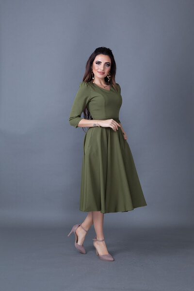 Bidoluelbise Haki Cep Detaylı V Yaka Midi Boy Kloş Elbise