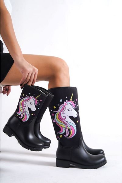 Sea&Blue Mother Daughter Combination Pony εμπριμέ βελούδινες αδιάβροχες μπότες βροχής