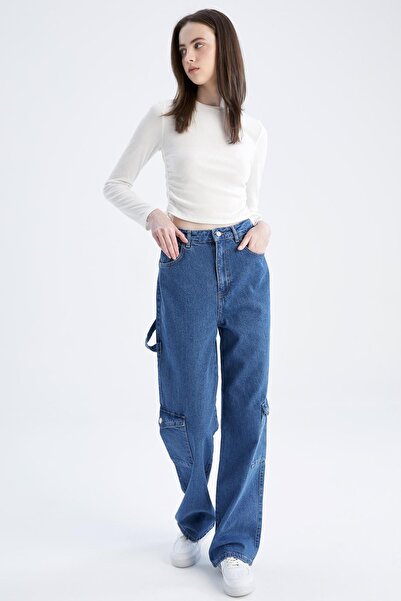 DeFacto 90's Wide Leg Yüksek Bel Geniş Paça Ekstra Uzun Kargo Jean %100 Pamuk Pantolon
