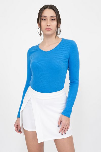 Soyo Bluză de bază tricotată cu mâneci lungi, albastră, cu decolteu în V