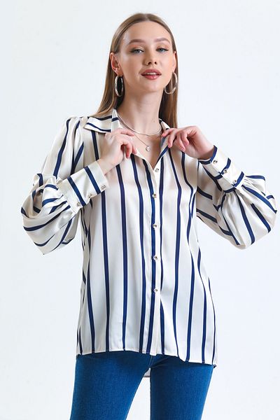MD trend Women's Ecru Balloon Sleeve Gather Detailed Oversize Striped Satin Shirt