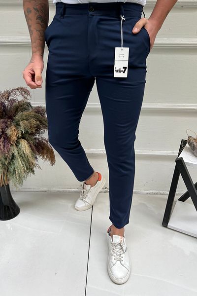 Ser Joven Men's Navy Blue Slim Fit Fabric Trousers