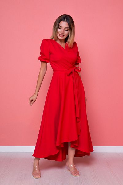 Bidoluelbise Rochie de damă, cu croială asimetrică, roșie, scurtă în față, lungă în spate, cu decolteu dublu