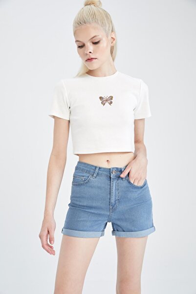 DeFacto Pantaloni scurți de jeans pliați cu talie normală