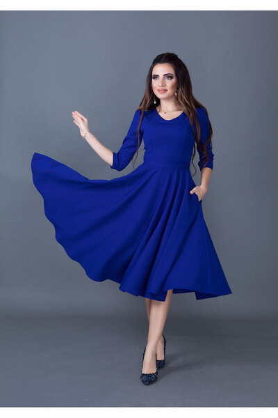 Bidoluelbise فستان ساكس أزرق واسع بتفاصيل جيب ورقبة على شكل حرف V