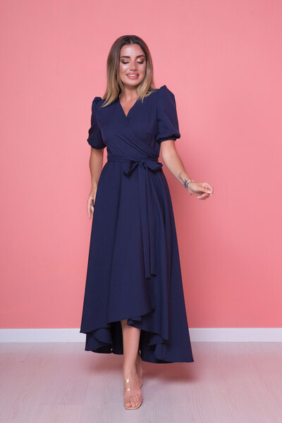 Bidoluelbise Lacivert Önü Kısa Arkası Uzun Asimetrik Kesim Elbise