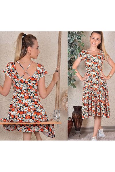 Esinty Rochie de damă, portocalie, cu bretele încrucișate din lycra din țesătură cu model floral (colorată)