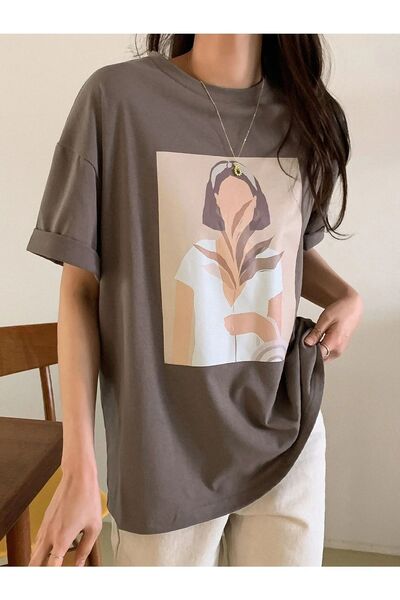 Benisengiydir Women's Brown Imaginary Woman Figure Printed Crew Neck Tshirt