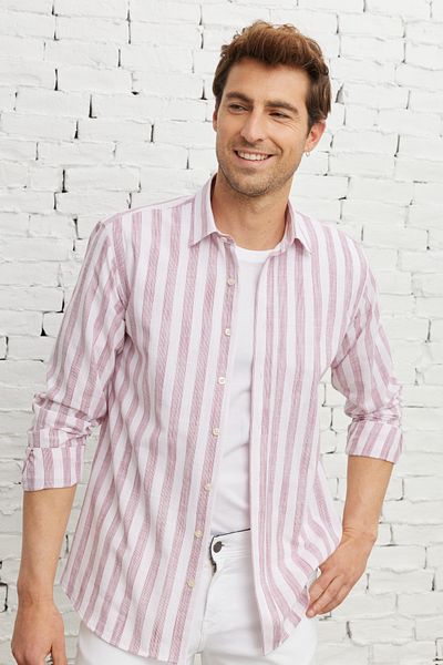 AC&Co / Altınyıldız Classics Men's White-burgundy Comfort Fit Relaxed Cut 100% Cotton Classic Collar Shirt