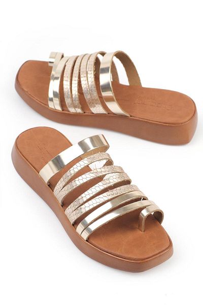 Capone Outfitters Capone Finger Detaillierte mehrstreifige goldene Damen-Lederhausschuhe