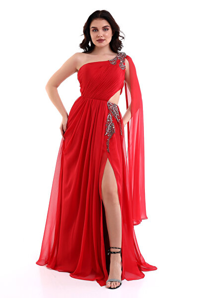 Silk Parade Kırımızı Ipek Şifon Omuz Detaylı Tasarım Abiye/gece/kına/nişan El...