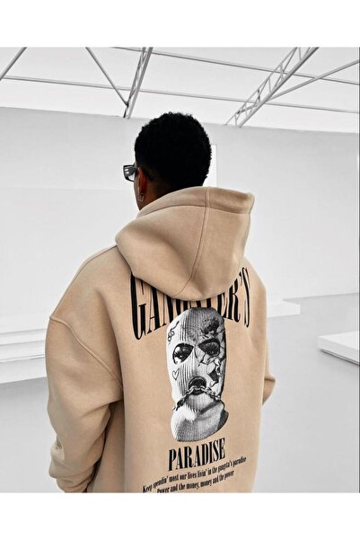 Black Sokak Blacksokak Unisex Béžová Gangsterská mikina Oversize s kapucí
