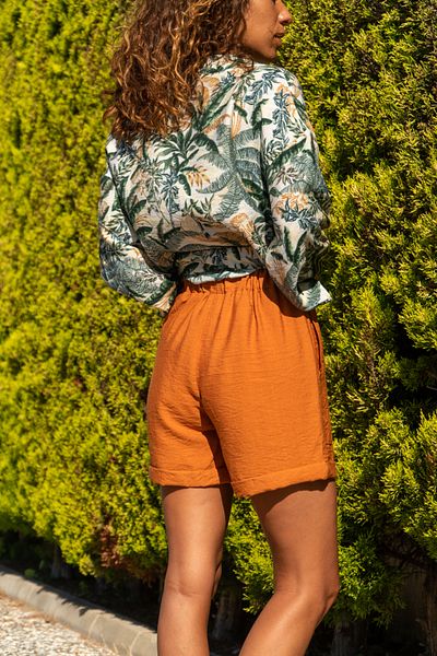 Güneşkızı Women's Tile Waist Elastic Double Leg Linen Shorts GK-BST2891