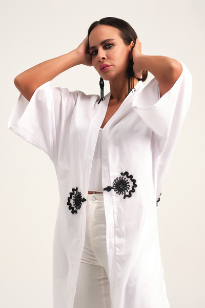 Marever Fashion Brodeli Vual Beyaz Yazlık Kimono Kaftan