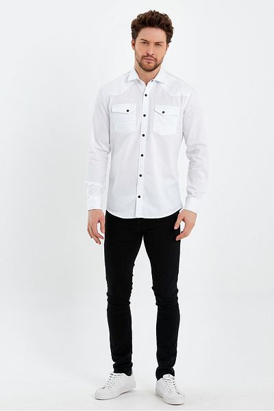 Tarz Cool Cămașă din denim, albă, cu buzunar dublu, slim fit-tcktgmlkr21s