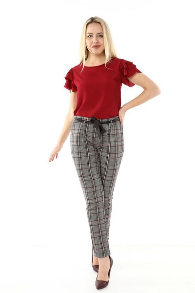 modayız Women's Gray Claret Red Plaid Fabric Trousers L1-1684