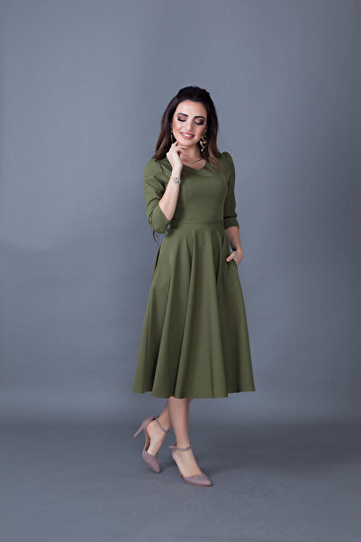 Bidoluelbise Haki Cep Detaylı V Yaka Midi Boy Kloş Elbise