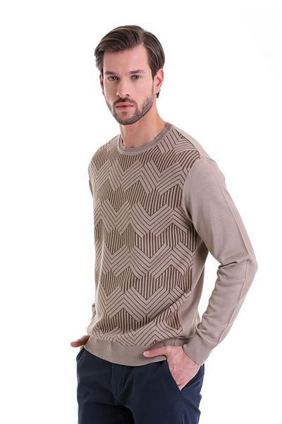 Hatemoğlu Beige Regular Fit Patterned Crew Neck Woolen Sweater