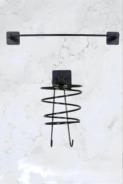 BUSEMSİ HOME Yapışkanlı Siyah Fön Makinesi Askısı Ve Yapışkanlı Uzun Havlu As...