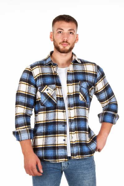 BENESSE Cămașă unisex albastră slim fit lumberjack