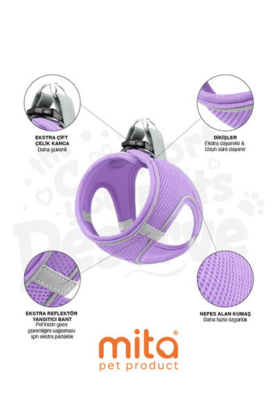 MITA Air Mesh Kedi Köpek Göğüs Tasması Çift Reflektörlü, Terletmeyen Tasma