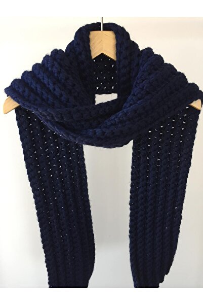 Mora Örgü Mora Knit Atkı El Örgüsü Yünlü Lacivert Uzun ( 375g ) Unisex Atkı