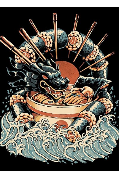 Universal Dragon Sushi Ramen - Poster decorativ din lemn, versiune neagră