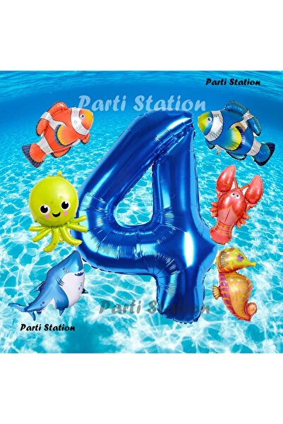 Parti Station Okyanus Hayvanları 4 Yaş Doğum Günü Balon Set Deniz Canlıları K...