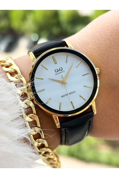 Q&Q Brand Retro Model Black Leather Band, Polite Women's Wristwatch + Bracelet