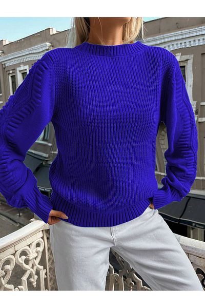 AQE FASHION Selanik Tricotat Mâneci Motiv Crew Deck Tricot Pulover SAKS BLUE