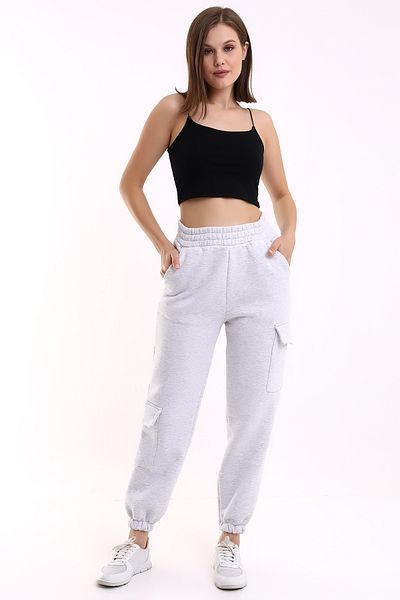 DeChival Ψηλόμεσο Φούτερ Jogger με Cargo Pocket Unisex 3 Κλωστές Ανοιχτό Γκρι