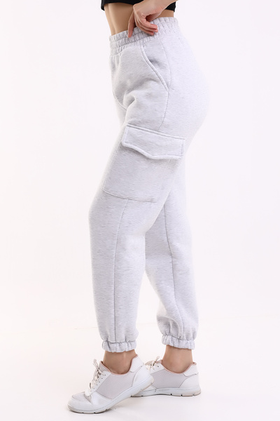 DeChival High Waist Sweatpants Jogger with Cargo Pocket Unisex 3 Thread Light Gray