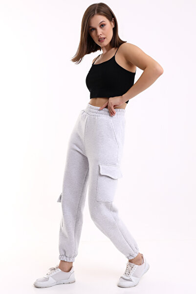 DeChival High Waist Sweatpants Jogger with Cargo Pocket Unisex 3 Thread Light Gray