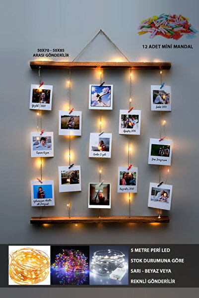 Genel Markalar Ipli Mandallı Işıklı Fotoğraf Askısı, Ledli Anı Duvarı, Ahşap Fotoğraf Çerçevesi 50x75