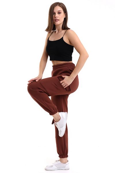 DeChival Ψηλόμεσο Φούτερ Jogger Cargo Pocket Unisex 3 κλωστών καφέ χρώμα
