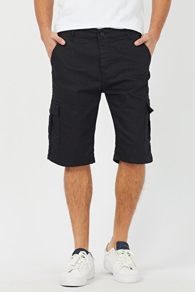 Tarz Cool Erkek Siyah Kargo Cep Likralı Şort