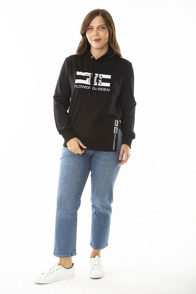 Şans Women's Large Size Black Stone and Print Detailed Hooded Sweatshirt with Side Slits 65N36867