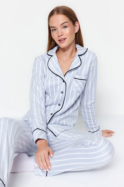 Trendyol Collection Set de pijamale tricotate de iarnă din lână cu bandă de somn cu dungi albastre THMAW22PT0360