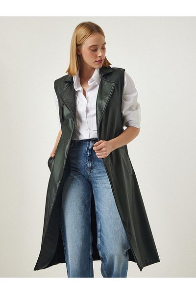 Happiness İstanbul Women's Black Premium Belted Faux Leather Vest FN03106