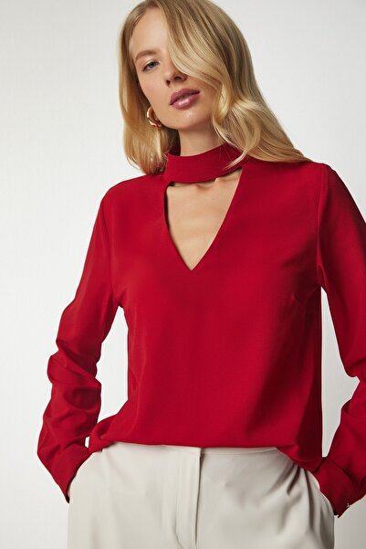 Happiness İstanbul Női piros ablak részletes mélyen dekoltált krepp blúz UB00155