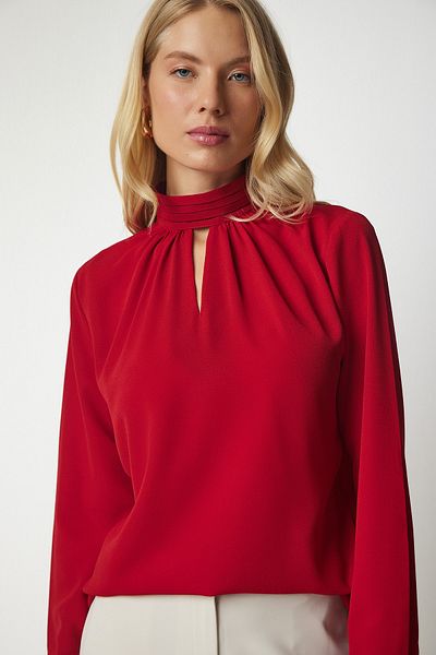 Happiness İstanbul Women's Red Window Detailed Flowy Crepe Blouse UB00154