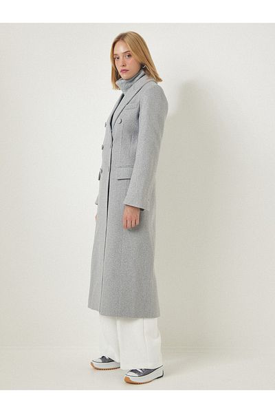Happiness İstanbul Women's Gray Premium Coated Buttoned Slit Wool Long Stamp Coat FN03091