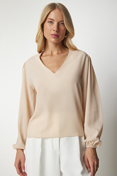 Happiness İstanbul Dámská béžová krepová halenka s výstřihem do V UB00153