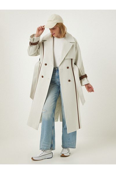 Happiness İstanbul Women's Stone Premium Leather Ribbed Belted Wool Long Stamp Coat fn03096