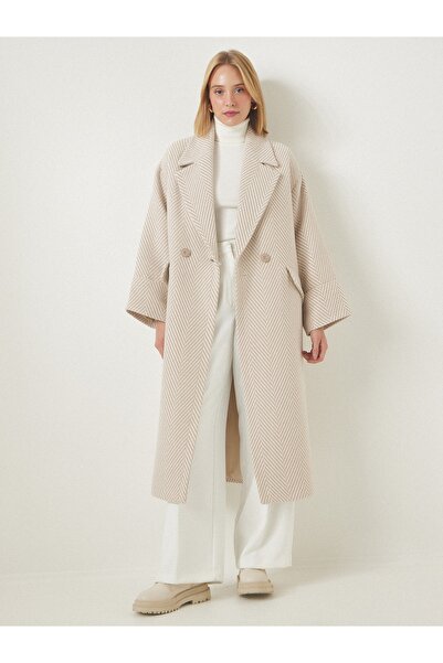 Happiness İstanbul Női bézs prémium duplasoros gallér mintás gyapjú hosszú bélyegző kabát fn03095